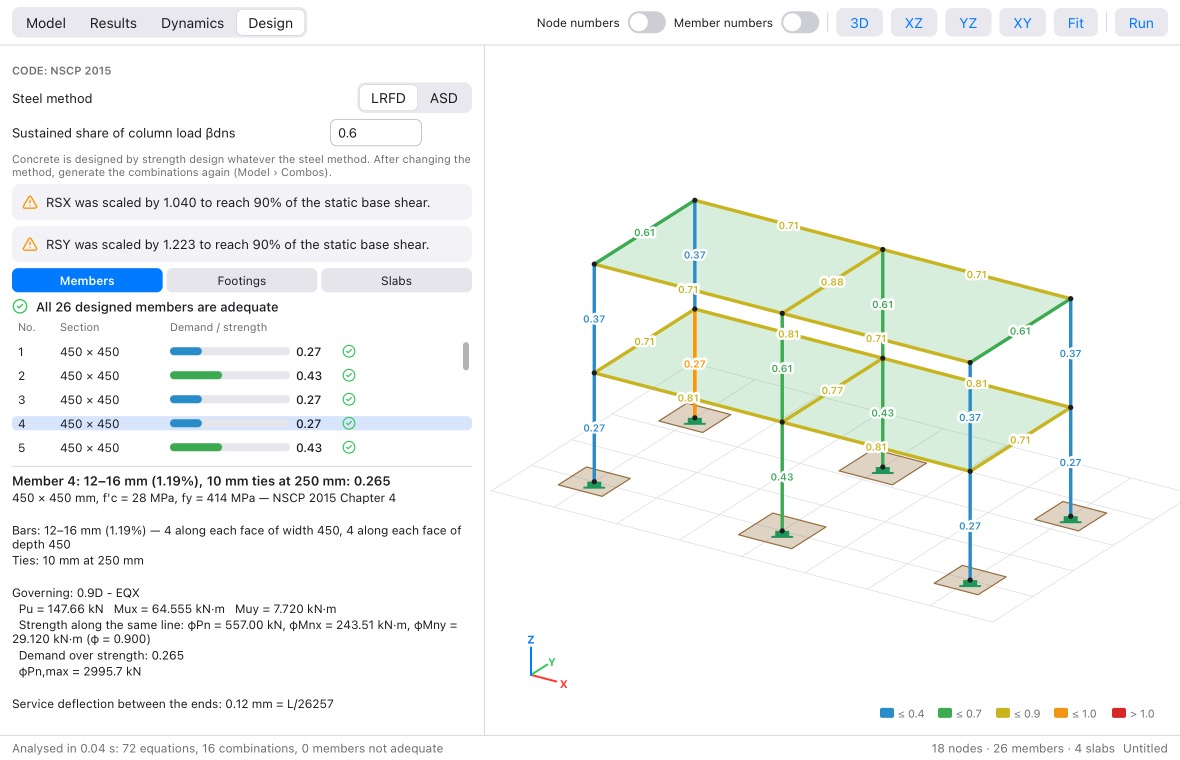 The Design tab: member ratios and a column's calculation