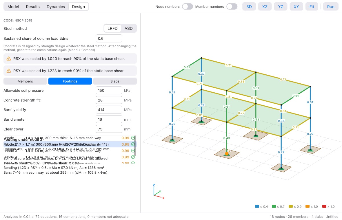 The Footings list, with a footing's calculation and the footings drawn under the columns
