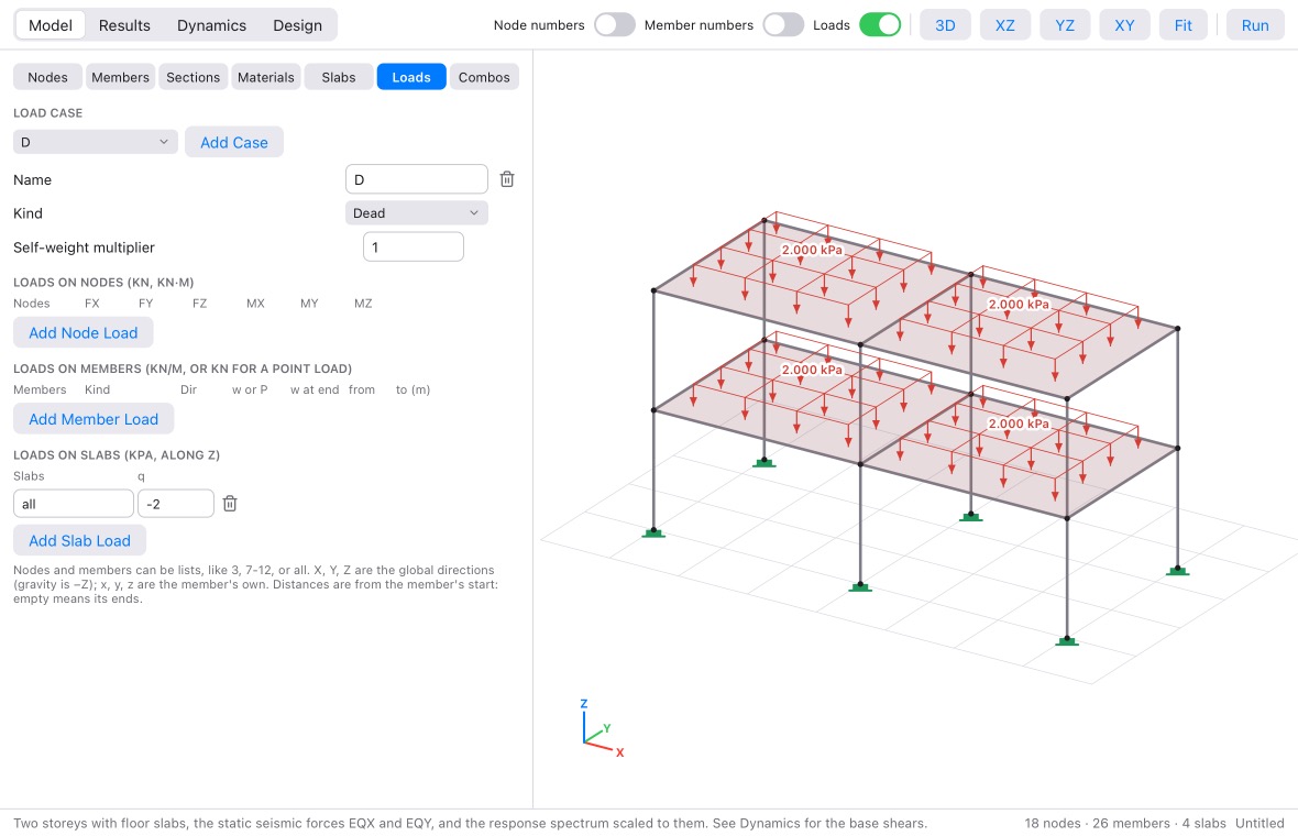 The Loads tab, with slab pressures drawn as arrows on the floor slabs